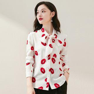 Long-sleeve Lips Printed Ribbon Shirt / Dress Pants / Set