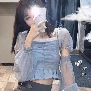 Set: Short-sleeve Chiffon Blouse + Arm Sleeves