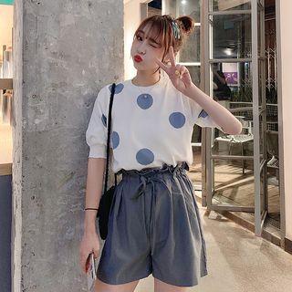 Set: Short-sleeve Polka Dot Knit Top + Wide-leg Shorts
