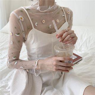 Floral Long-sleeve Mesh Top