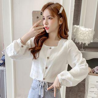 Long-sleeve Button-up Square-neck Top