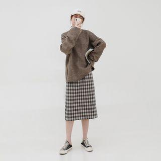 Crew-neck Sweater / Plaid Straight-fit Skirt