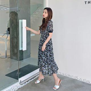 Collared Floral Chiffon Long Dress