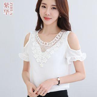 Crochet Lace Panel Cold Shoulder Short-sleeve Chiffon Blouse