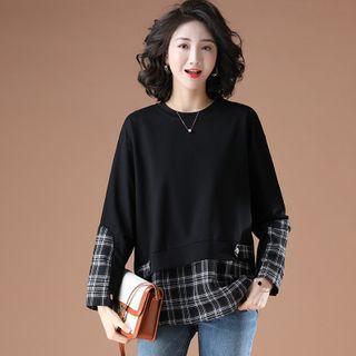 Long-sleeve Mock Two-piece Plaid Trim Blouse