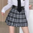 Plaid Accordion Pleat A-line Skirt With Chain Faux Leather Belt