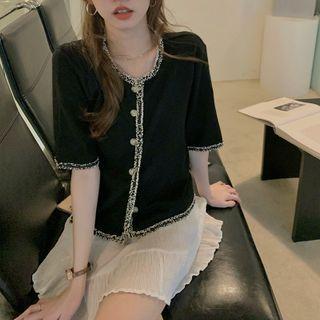 Elbow-sleeve Contrast-trim Cardigan Black - One Size