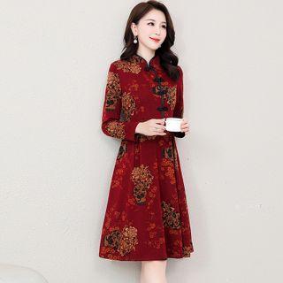 Long-sleeve Floral Frog-button A-line Dress
