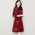 Long-sleeve Floral Frog-button A-line Dress