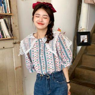 Lace Collar Floral Blouse Pink - One Size