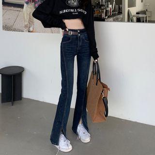 High-waist Slit Flare Fleece-lined Jeans