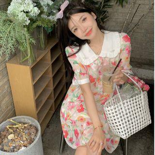 Elbow-sleeve Collar Print A-line Dress