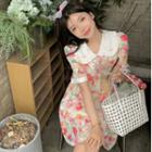Elbow-sleeve Collar Print A-line Dress