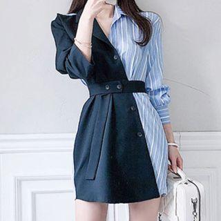 Long-sleeve Striped Belted Open-collar Mini A-line Shirtdress