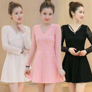 Crystal Pendant Long Sleeve Lace Mini A-line Dress