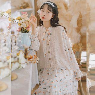 Puff-sleeve Floral Print Midi A-line Dress / Buttoned Knit Vest / Set