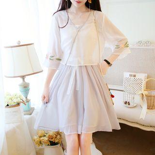 Set: Spaghetti Strap A-line Dress + 3/4-sleeve Light Jacket