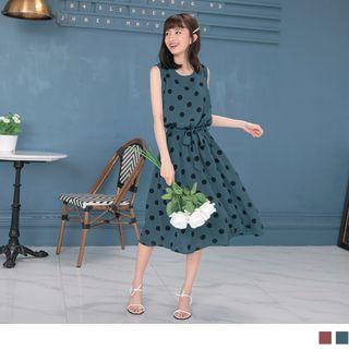 Tie-waist Dotted Sleeveless Midi Dress