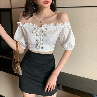 Off-shoulder Frill Trim Drawstring Blouse