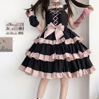 Sleeveless Bow Ruffle A-line Dress / Bow Choker / Cat Ear Hair Clip / Set