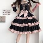 Sleeveless Bow Ruffle A-line Dress / Bow Choker / Cat Ear Hair Clip / Set