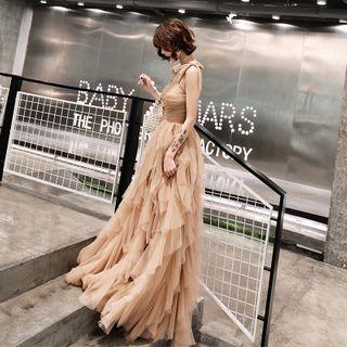 Tie Shoulder Strap Sleeveless Ruffled Evening Gown
