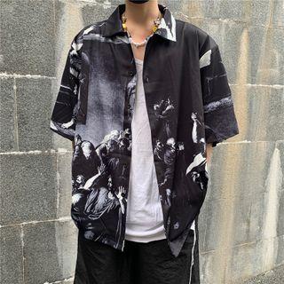 Couple Matching Short Sleeve Print Shirt As Shown In Figure - One Size