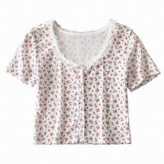 Floral Print Short-sleeve Cropped Cardigan