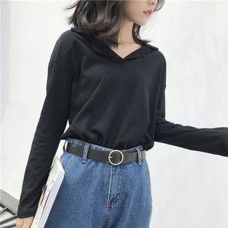 Plain Lapel V-neck Long-sleeve Top