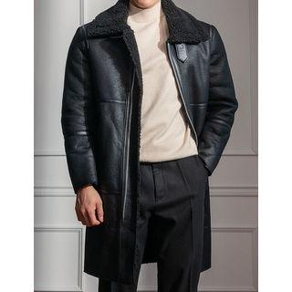 Funnel-neck Long Faux-shearling Jacket