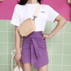 Embroidered Elbow Sleeve T-shirt / Plaid A-line Skirt