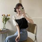 Short-sleeve Round-neck Faux Pearl Chiffon Panel Top