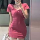 Short-sleeve Plain Mini Sheath Dress Pink - One Size