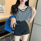Short-sleeve Striped T-shirt / Denim Hot Pants
