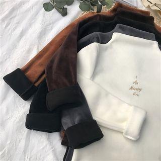Long-sleeve Mock Neck Lettering Embroidered Velvet T-shirt
