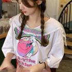Short-sleeve Cartoon Print Mesh Panel T-shirt