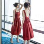 Plain Wide Strap Square-neck Open-back Midi A-line Dress