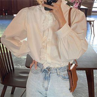 Round Neck Long-sleeve Lace Trim Blouse White - One Size