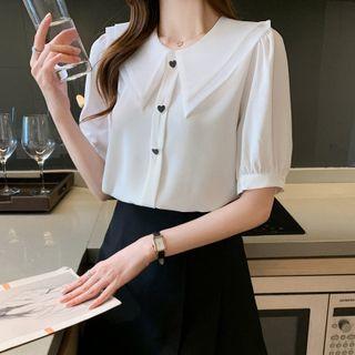 Short Sleeve Layered Collar Heart Button-up Blouse