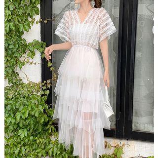 Short-sleeve V-neck Mesh Dress