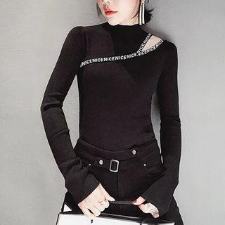 Mock Turtleneck Lettering Cutout Knit Top