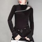 Mock Turtleneck Lettering Cutout Knit Top