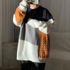 Color-block Cable-knit Panel Sweater