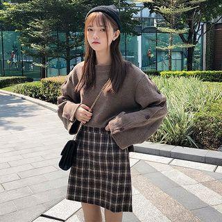 Button Sweater / Plaid A-line Skirt