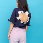 Open Back Embroider Floral Top Blue - One Size
