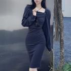 Set: Cropped Light Jacket + Spaghetti Strap Plain Sheath Dress