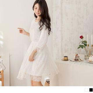 3/4 Sleeve Gather Waist Lace A-line Dress