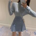 Plain Turtleneck Sweater/ High-waist Button Mini A-line Skirt