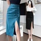 Frill Trim Slit-hem Midi Pencil Skirt