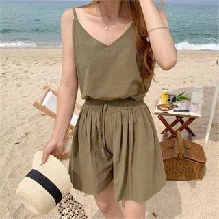 Set: Spaghetti-strap Linen Blend Top + Band-waist Shorts